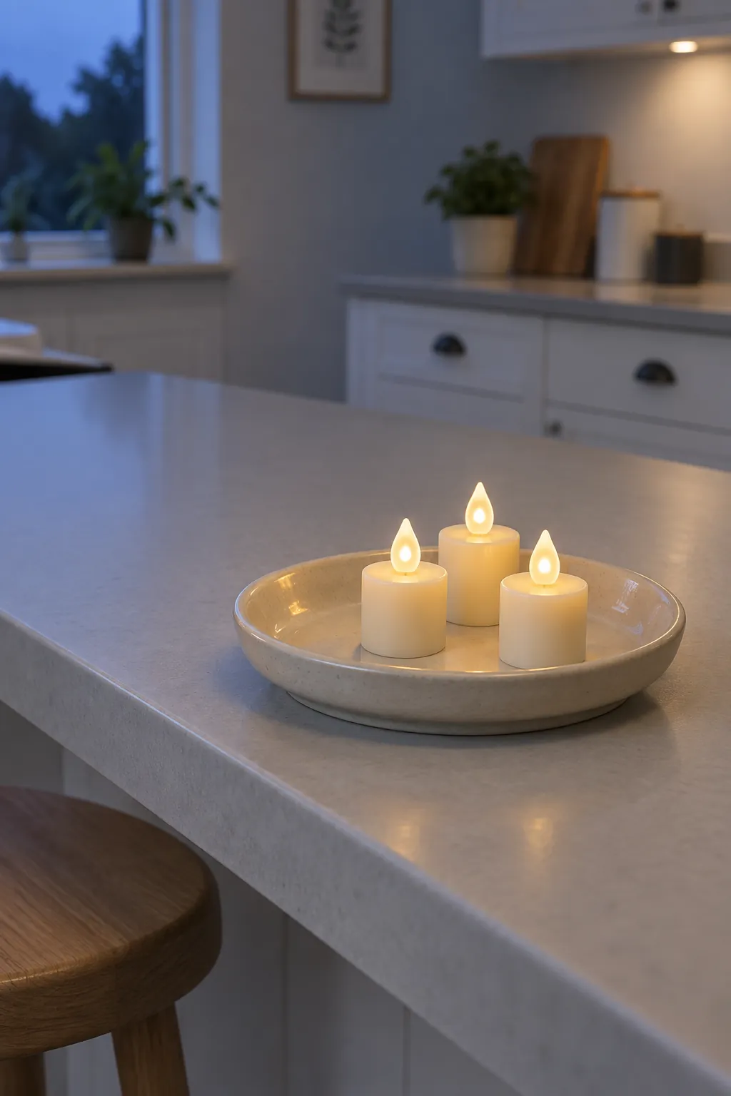 Three small battery votives on a shallow stoneware dish at a kitchen island seating area