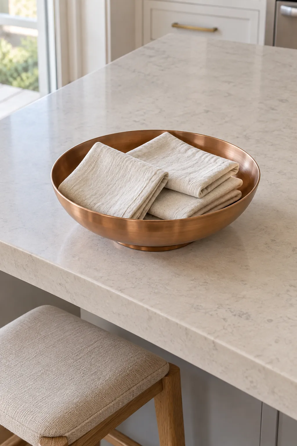 Folded cloth napkins in a shallow brushed copper bowl at an island breakfast seat