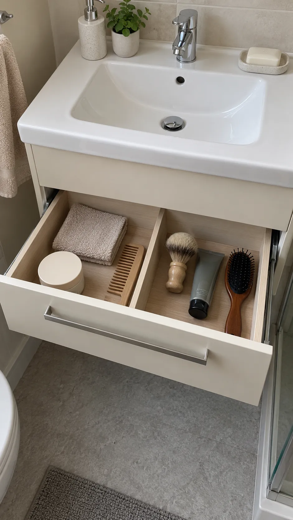 Divided personal drawer for two people sharing one sink
