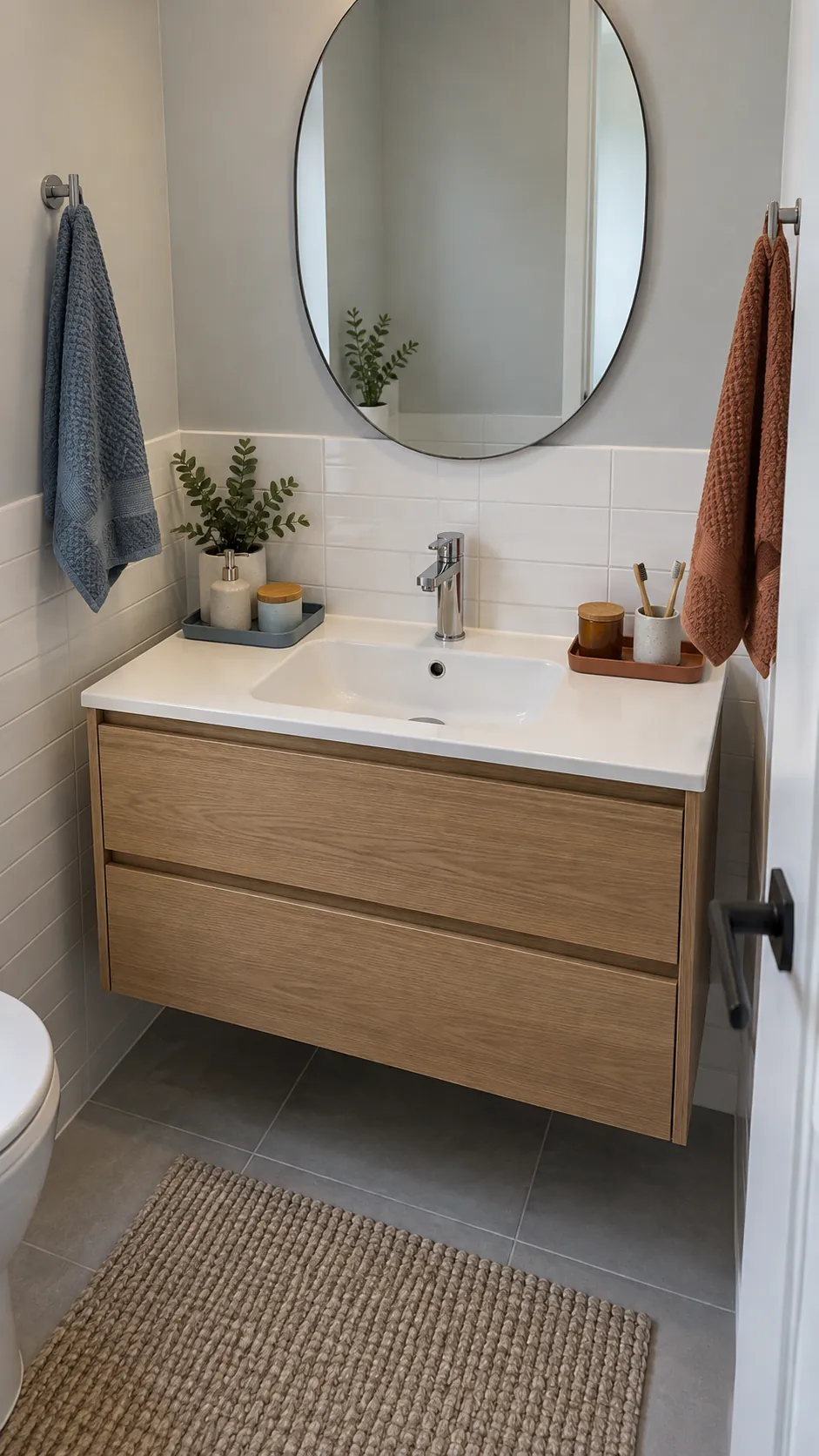 One compact bathroom sink with separate personal trays and towels