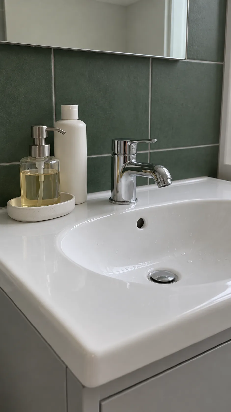 Shared essentials near the bowl for two people sharing one sink