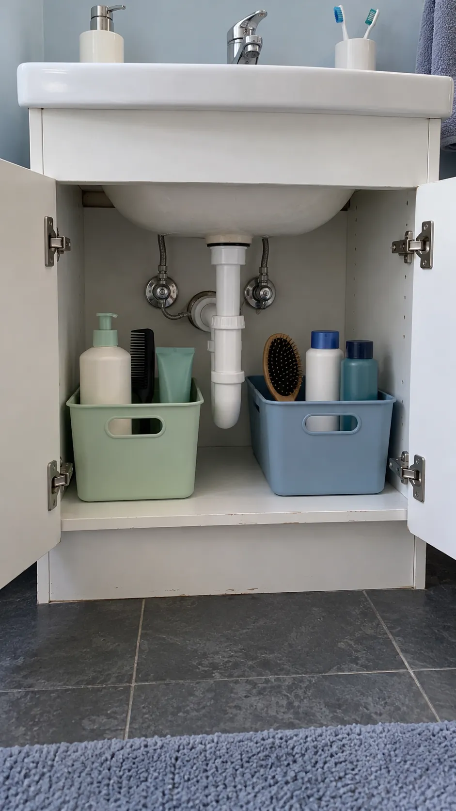 Two removable under sink caddies for two people sharing one sink