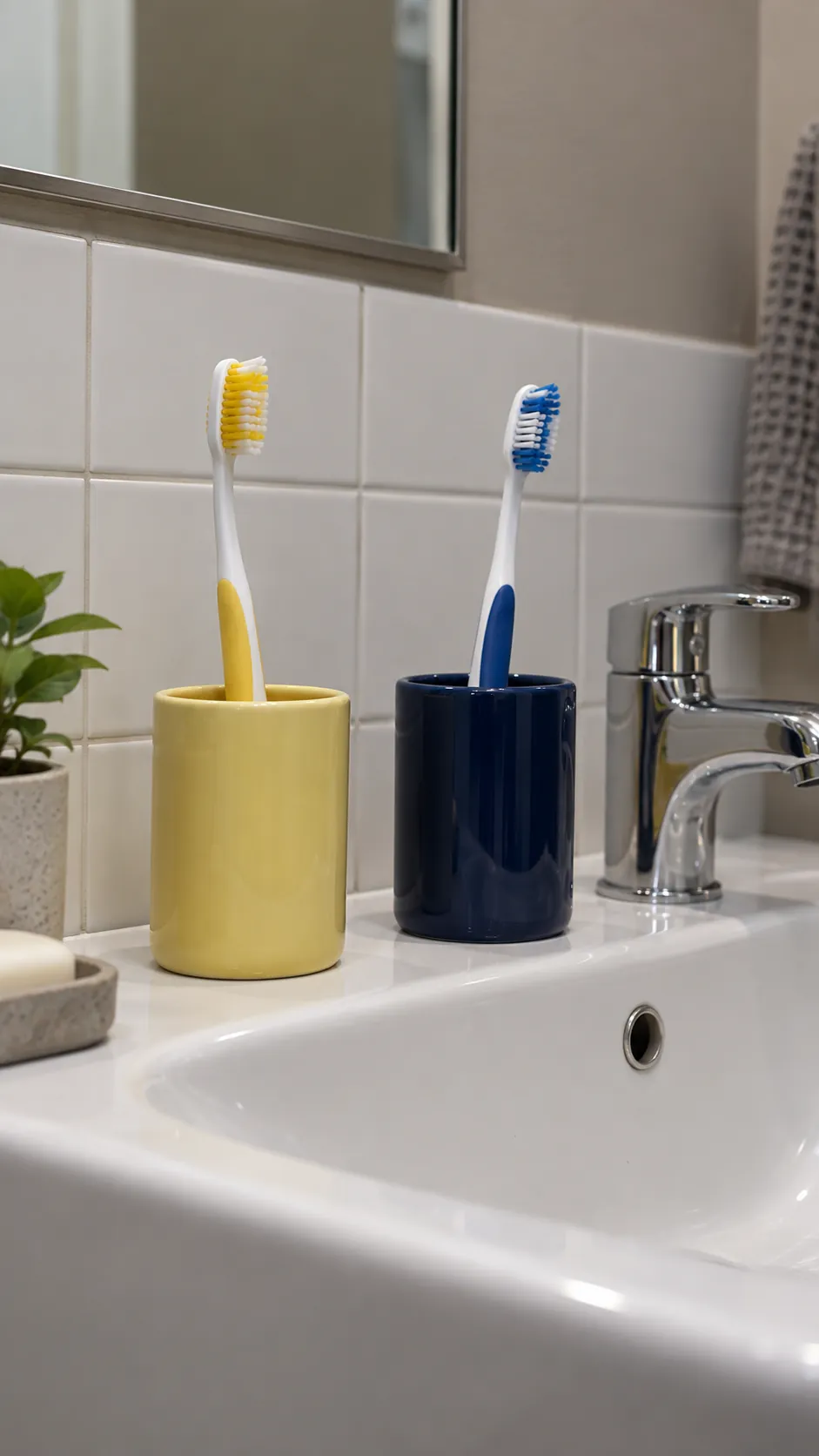 Separate ventilated toothbrush holders for two people sharing one sink