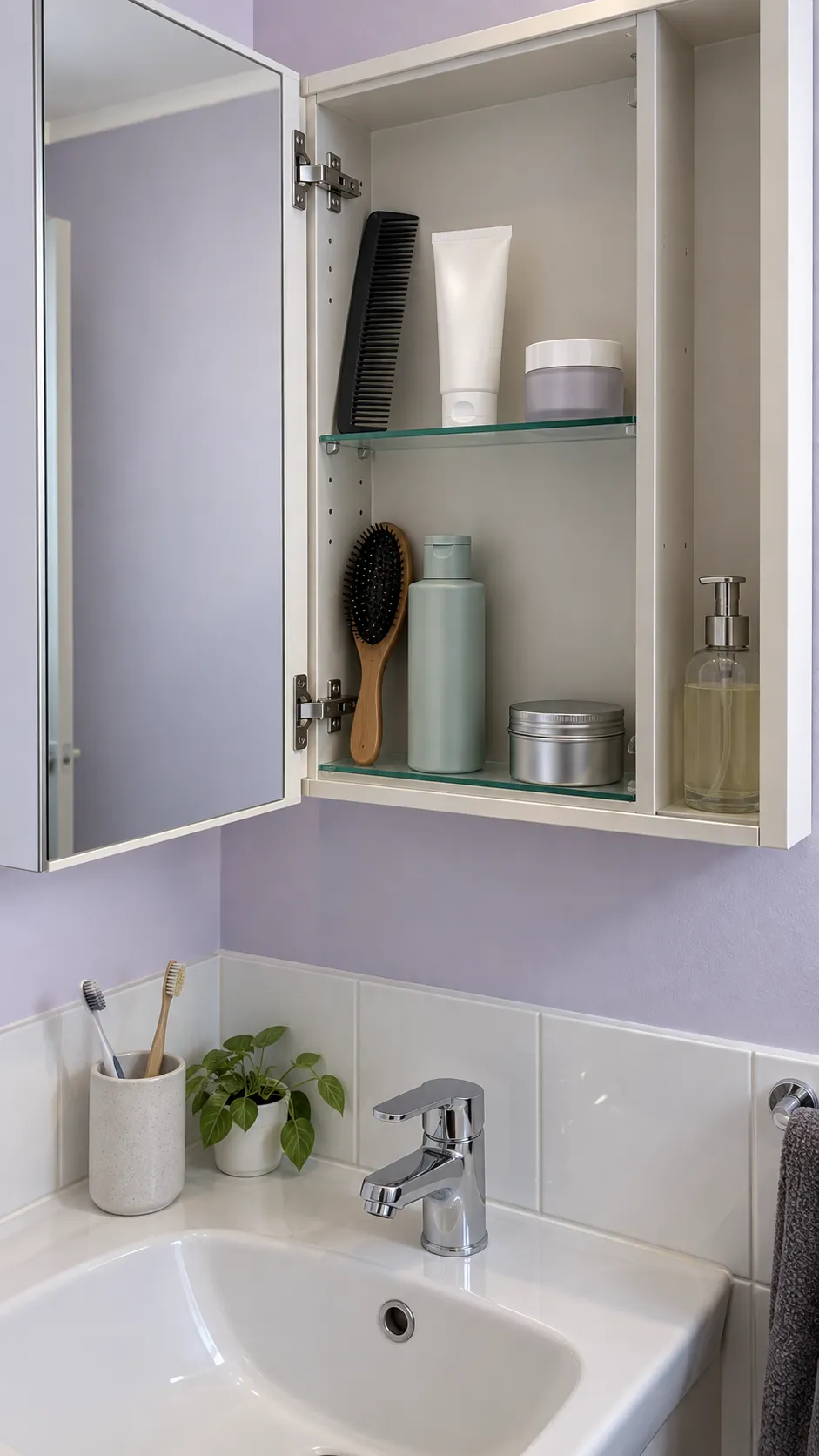 Personal medicine cabinet shelves for two people sharing one sink