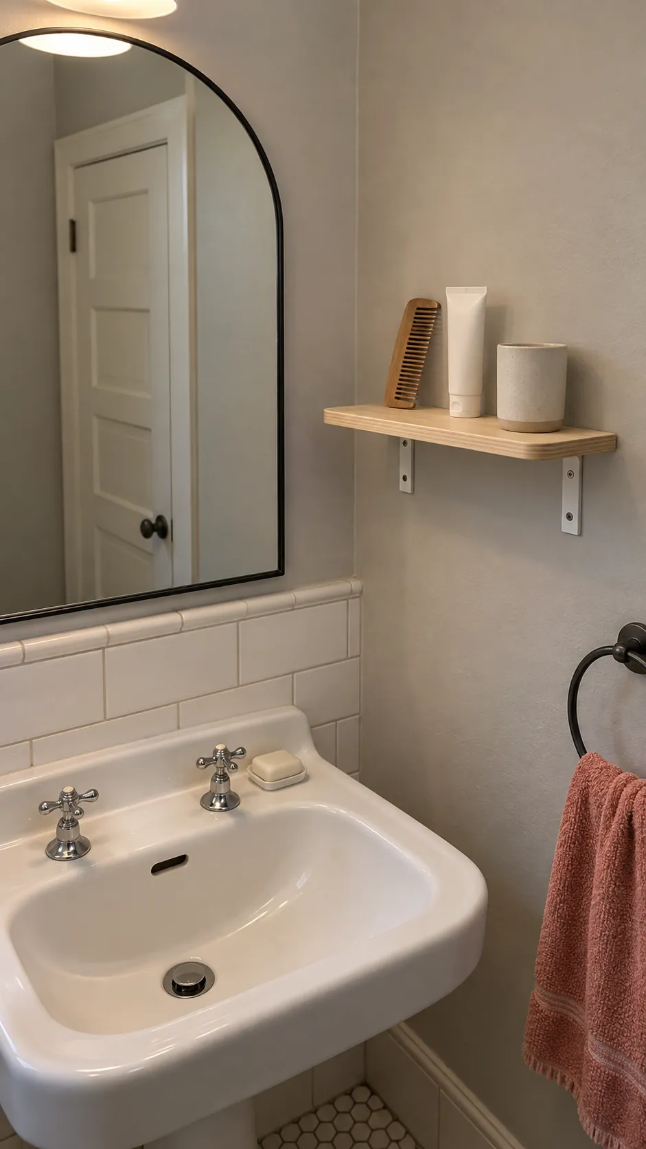 Dry shelf beside the mirror for two people sharing one sink