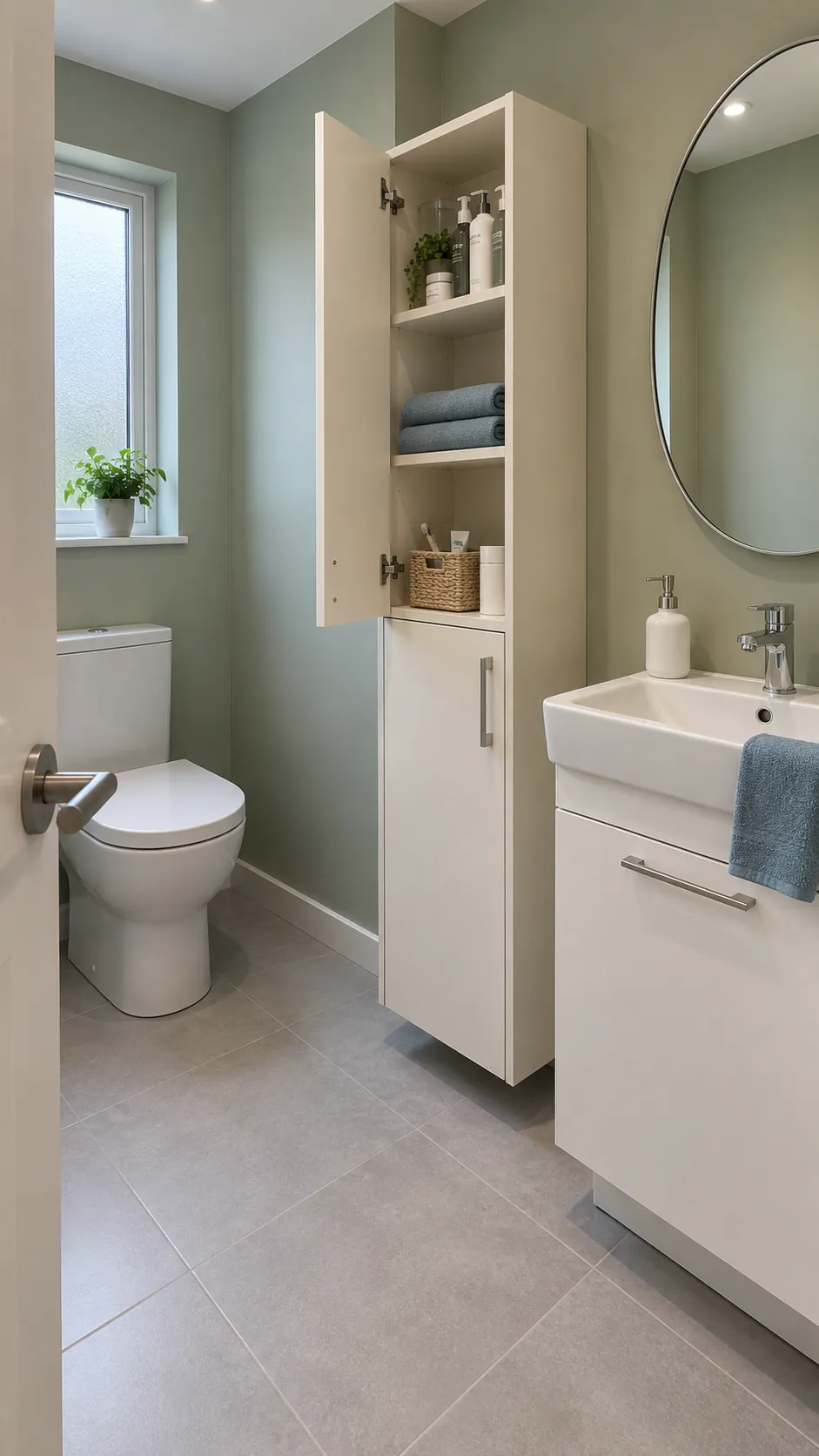 Vertical cabinet clear of the route for two people sharing one sink