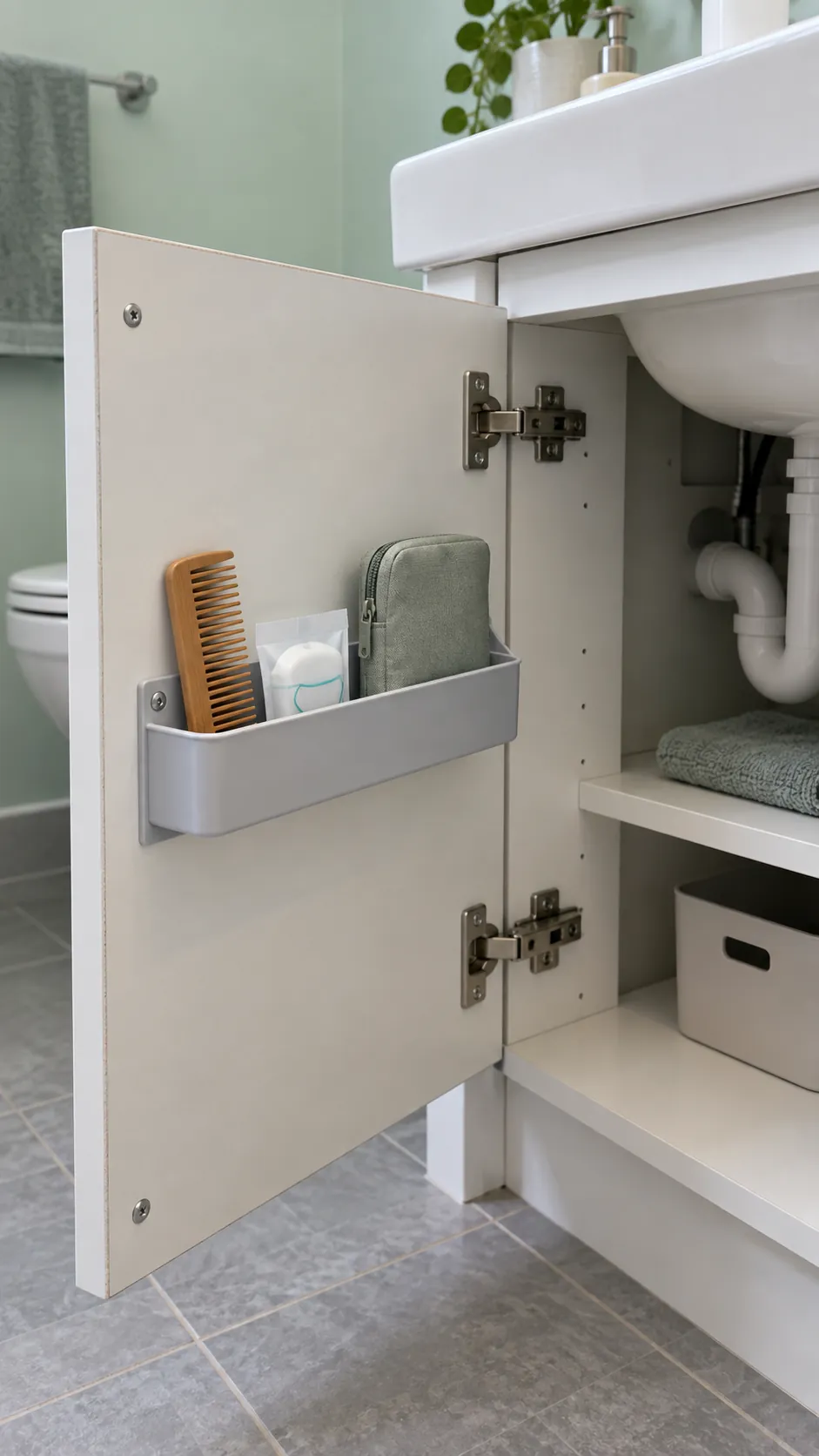 Light supplies inside a cabinet door for two people sharing one sink