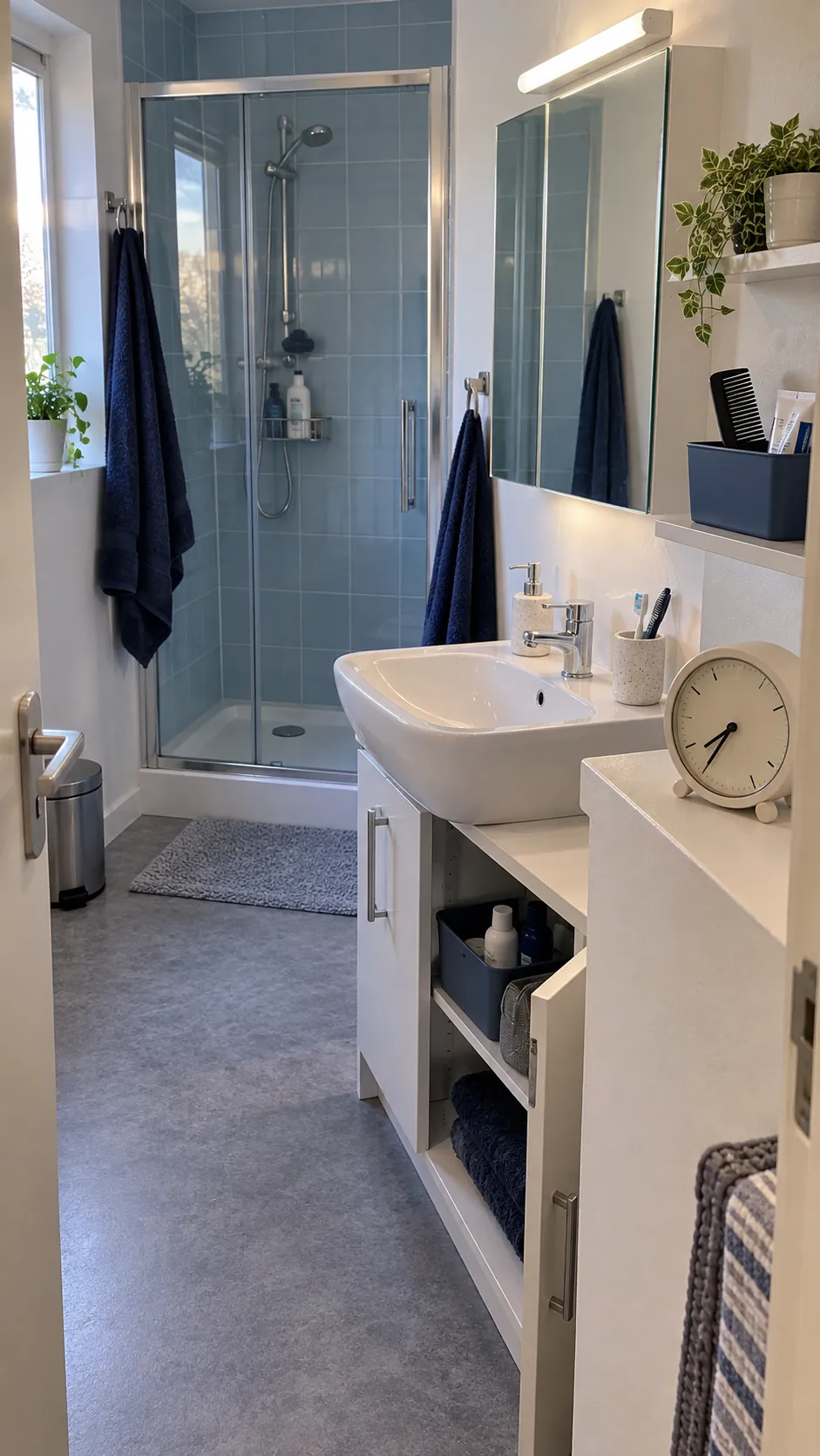 Staggered morning preparation for two people sharing one sink
