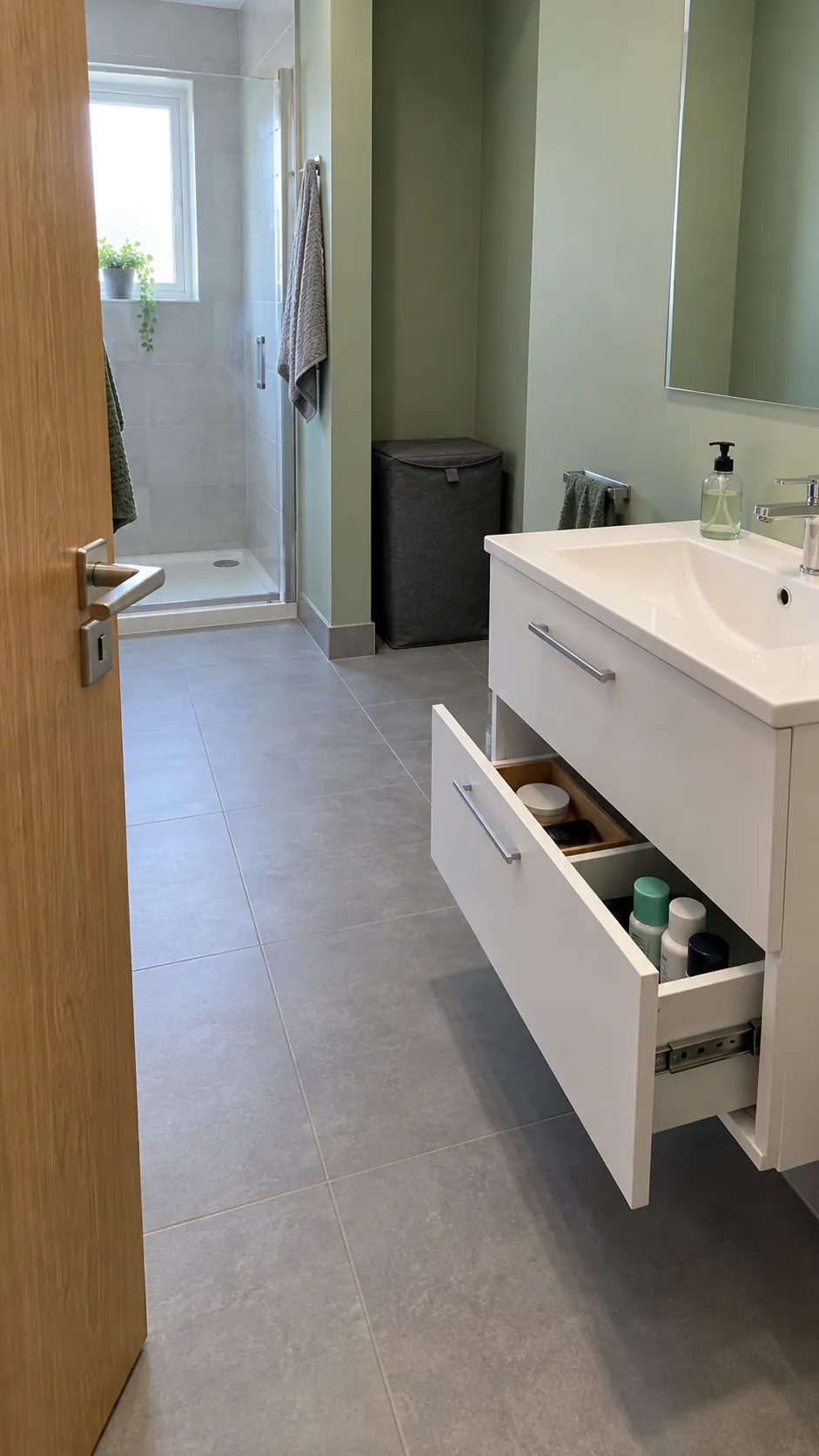 Open drawer and clear arrival route for two people sharing one sink