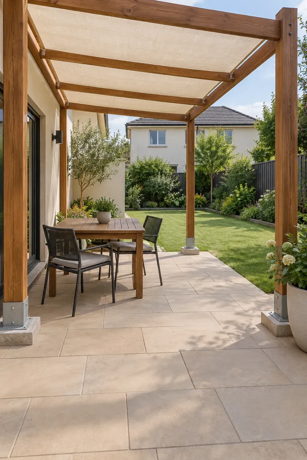 Pergola patio with a shaded dining area and an open garden path