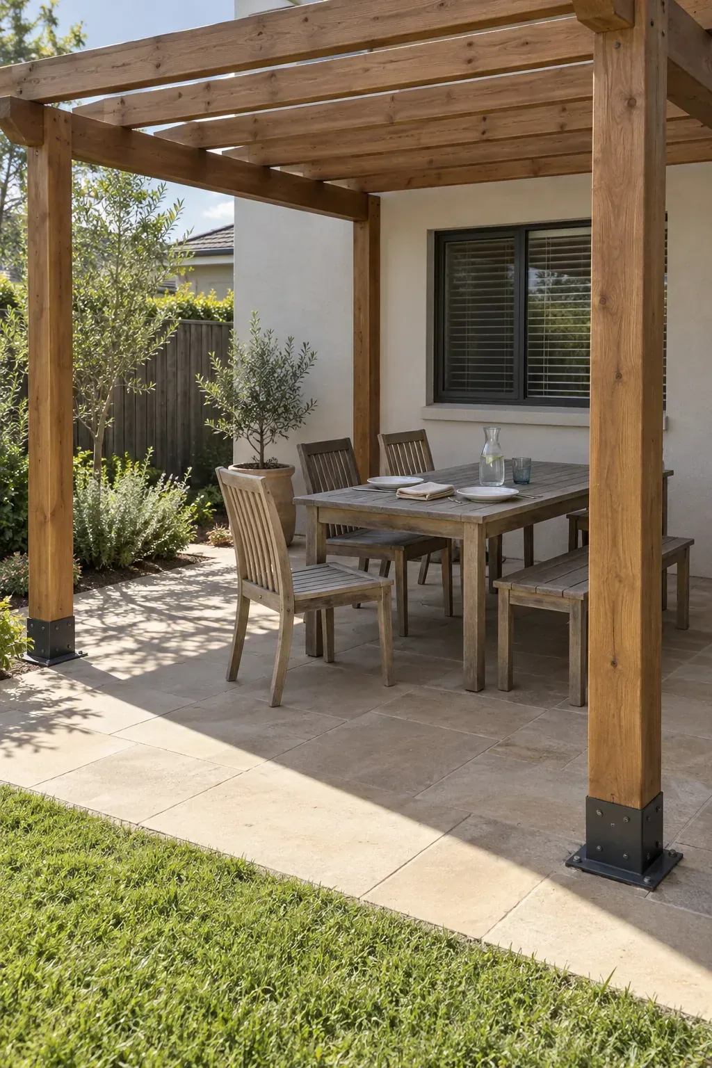 A dining table inside the afternoon shade beneath a patio pergola