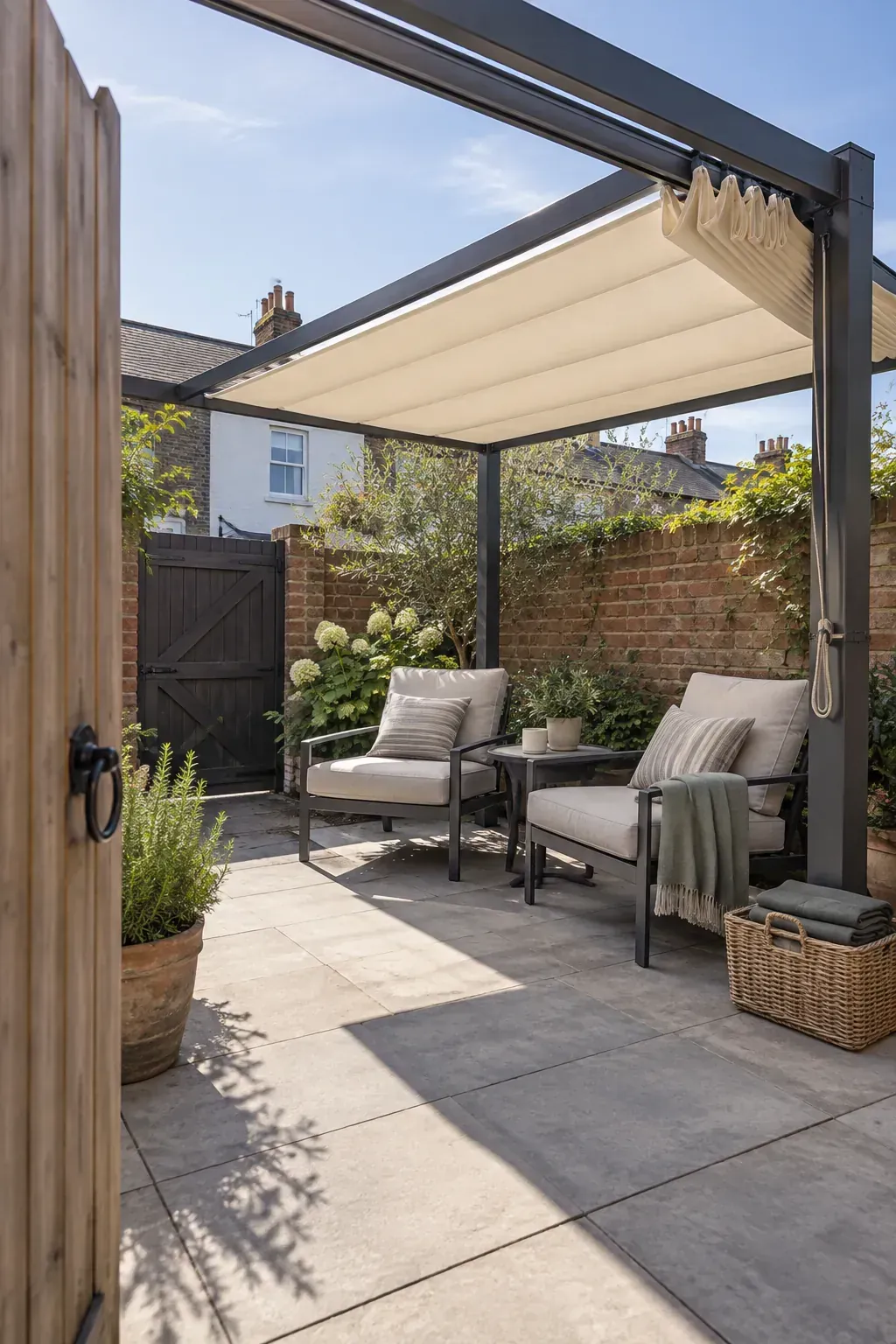 Retractable fabric for changing seasons beneath a patio pergola