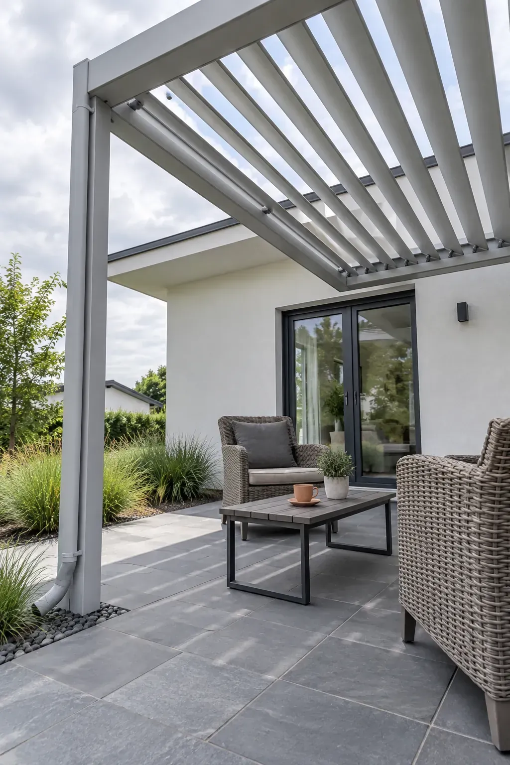 Louvers for adjustable overhead light beneath a patio pergola