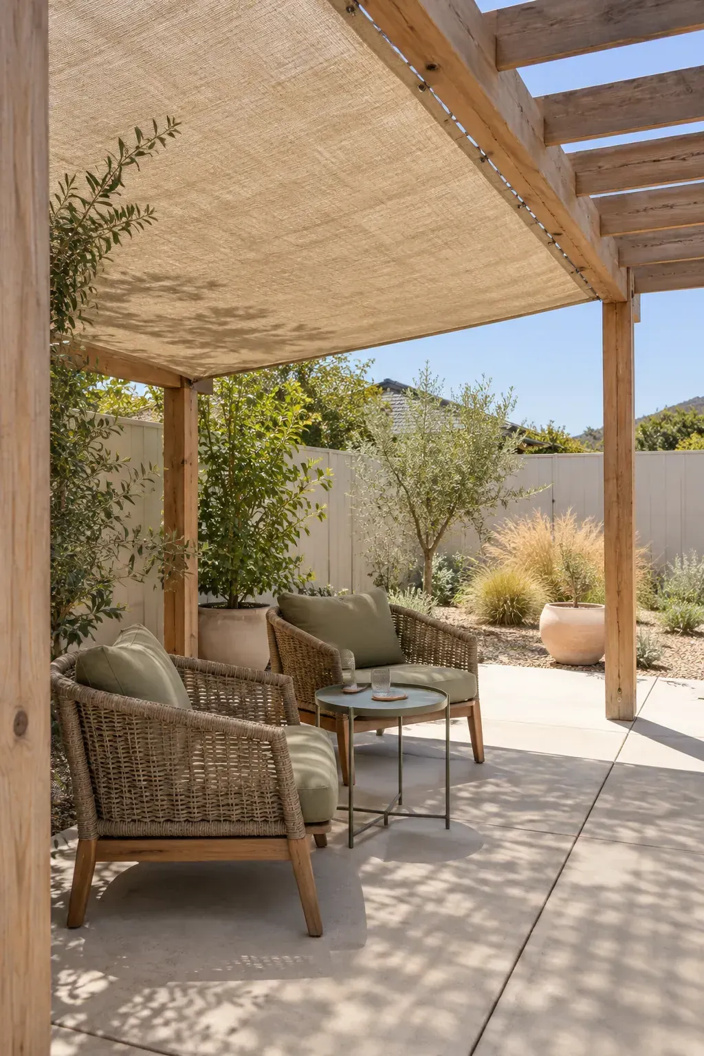 A permeable shade cloth above the lounge beneath a patio pergola