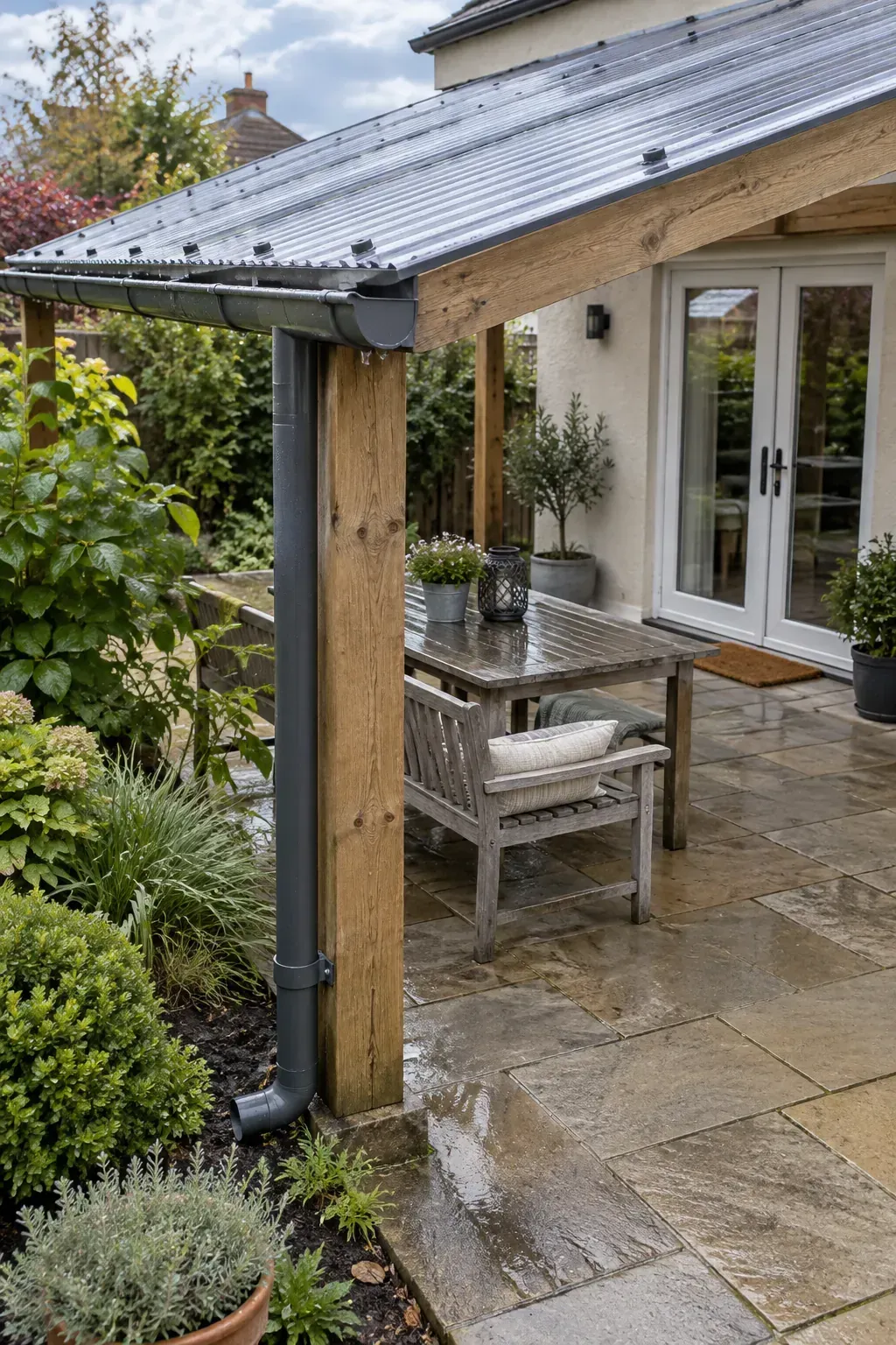 Roof panels with a planned water outlet beneath a patio pergola
