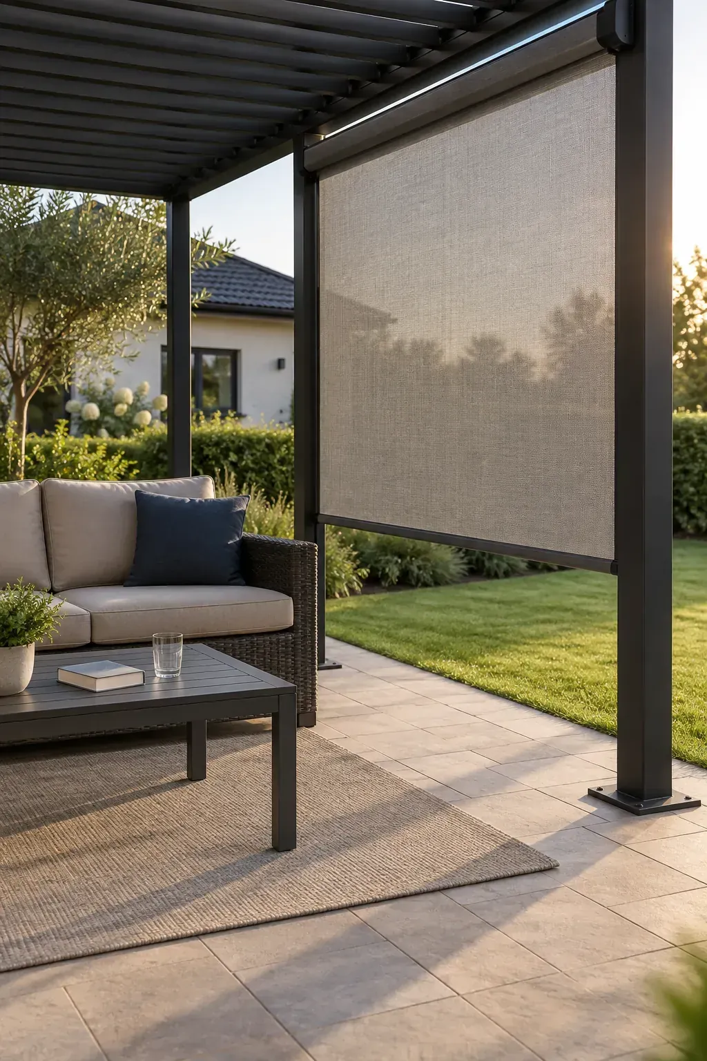 A screen on the low sun side beneath a patio pergola