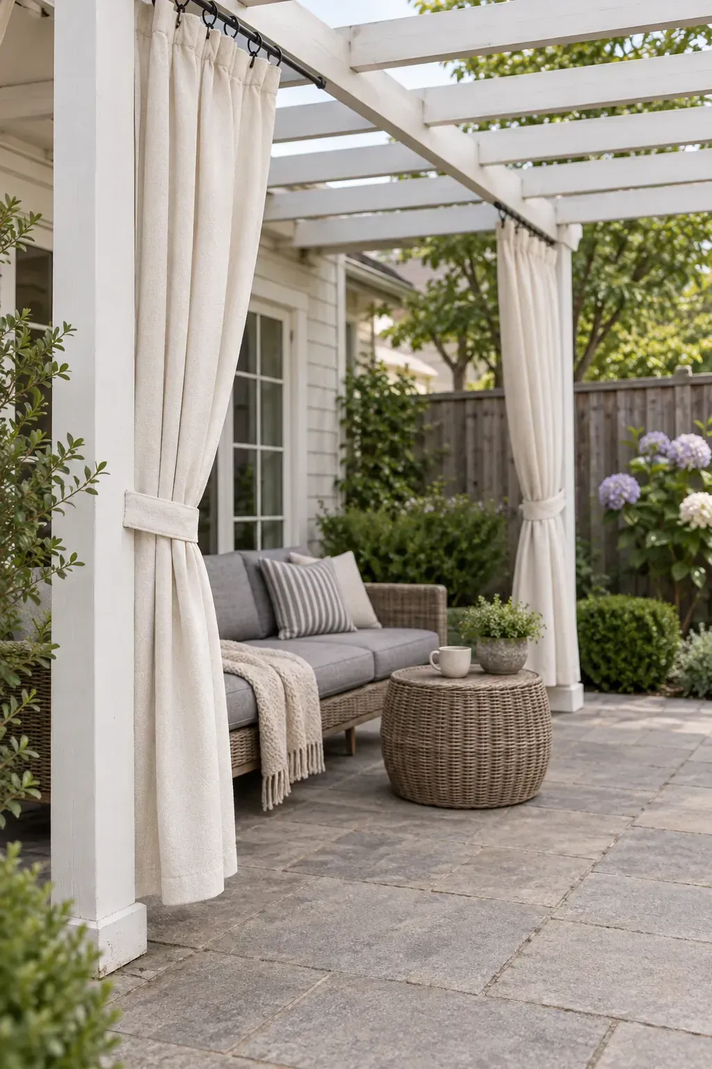 Curtains that can be tied back beneath a patio pergola