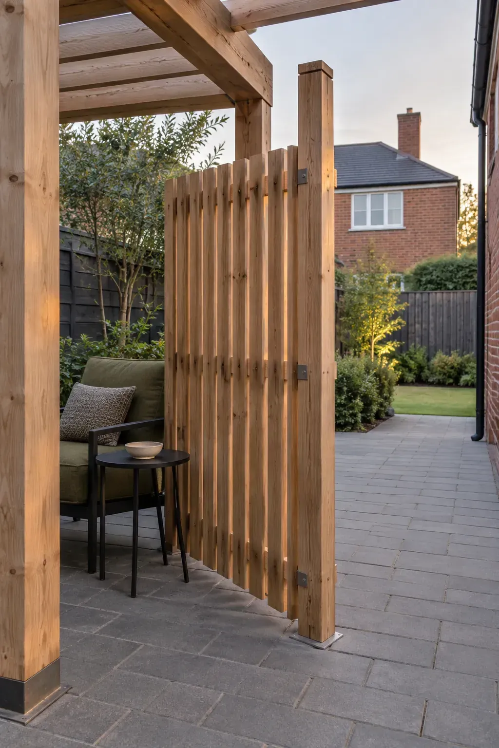 A narrow slat privacy return beneath a patio pergola