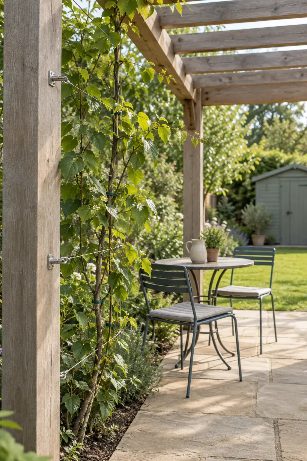 Climbers supported on separate wires beneath a patio pergola
