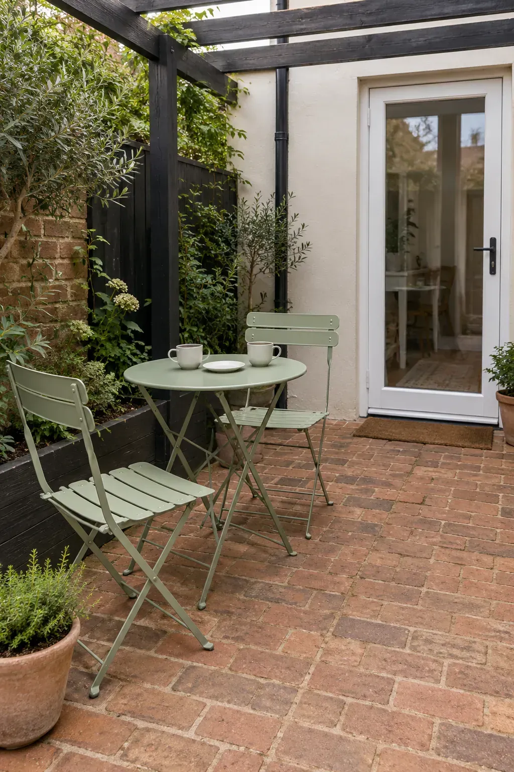A compact bistro corner beneath a patio pergola