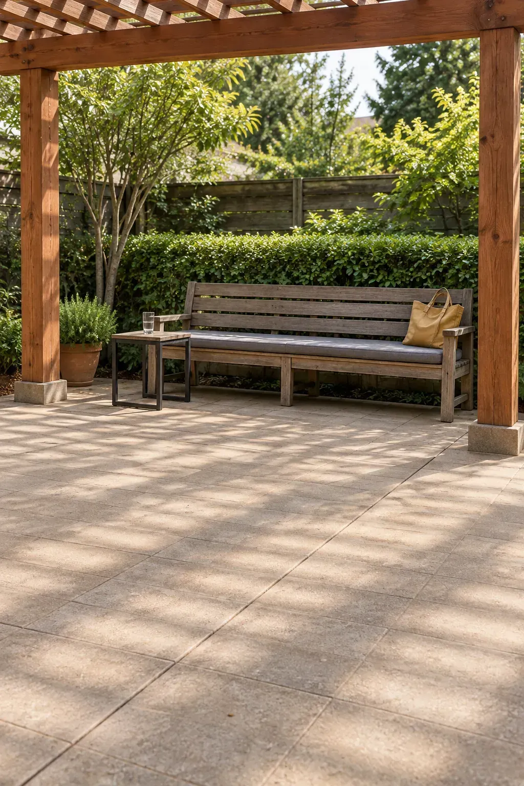 A bench along one boundary beneath a patio pergola