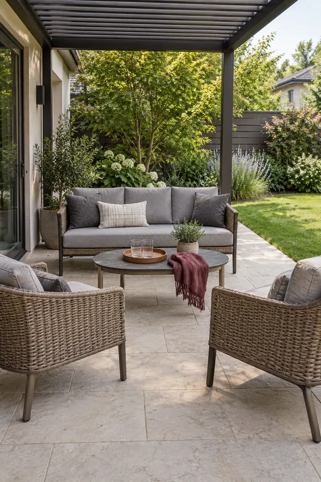 A lounge arranged around conversation beneath a patio pergola