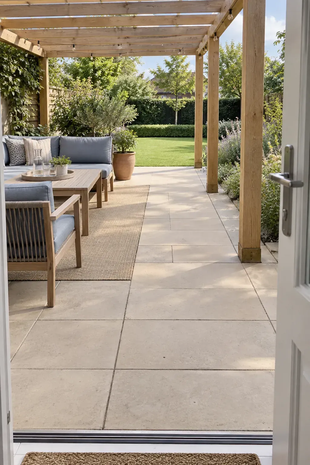 A clear route from the patio door beneath a patio pergola