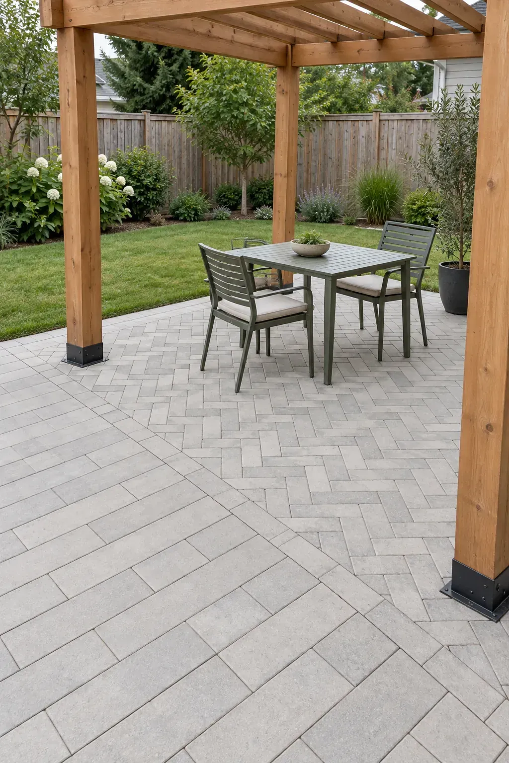 Pavers that define the sheltered room beneath a patio pergola