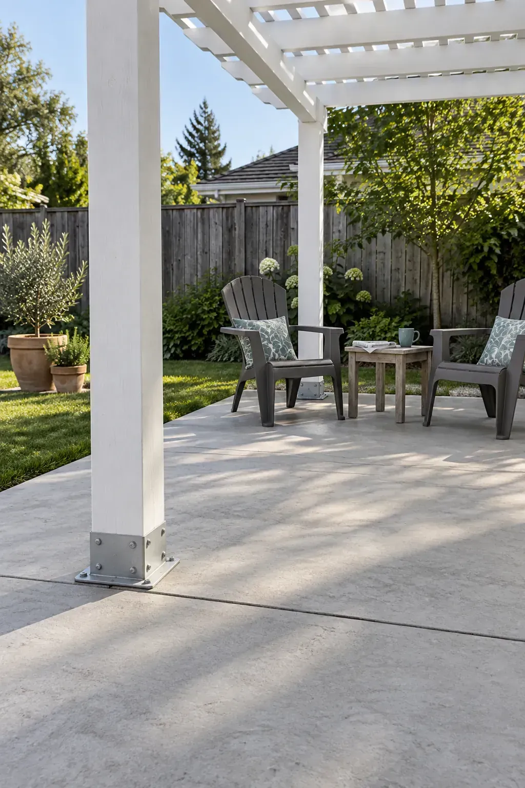 An existing concrete slab kept simple beneath a patio pergola