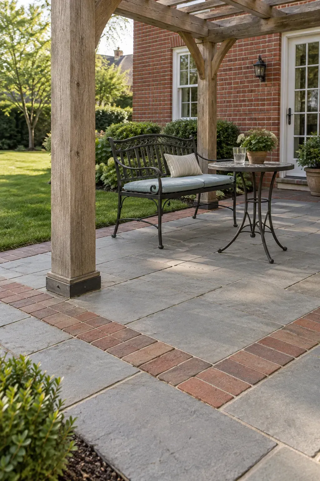 A brick border around the seating zone beneath a patio pergola
