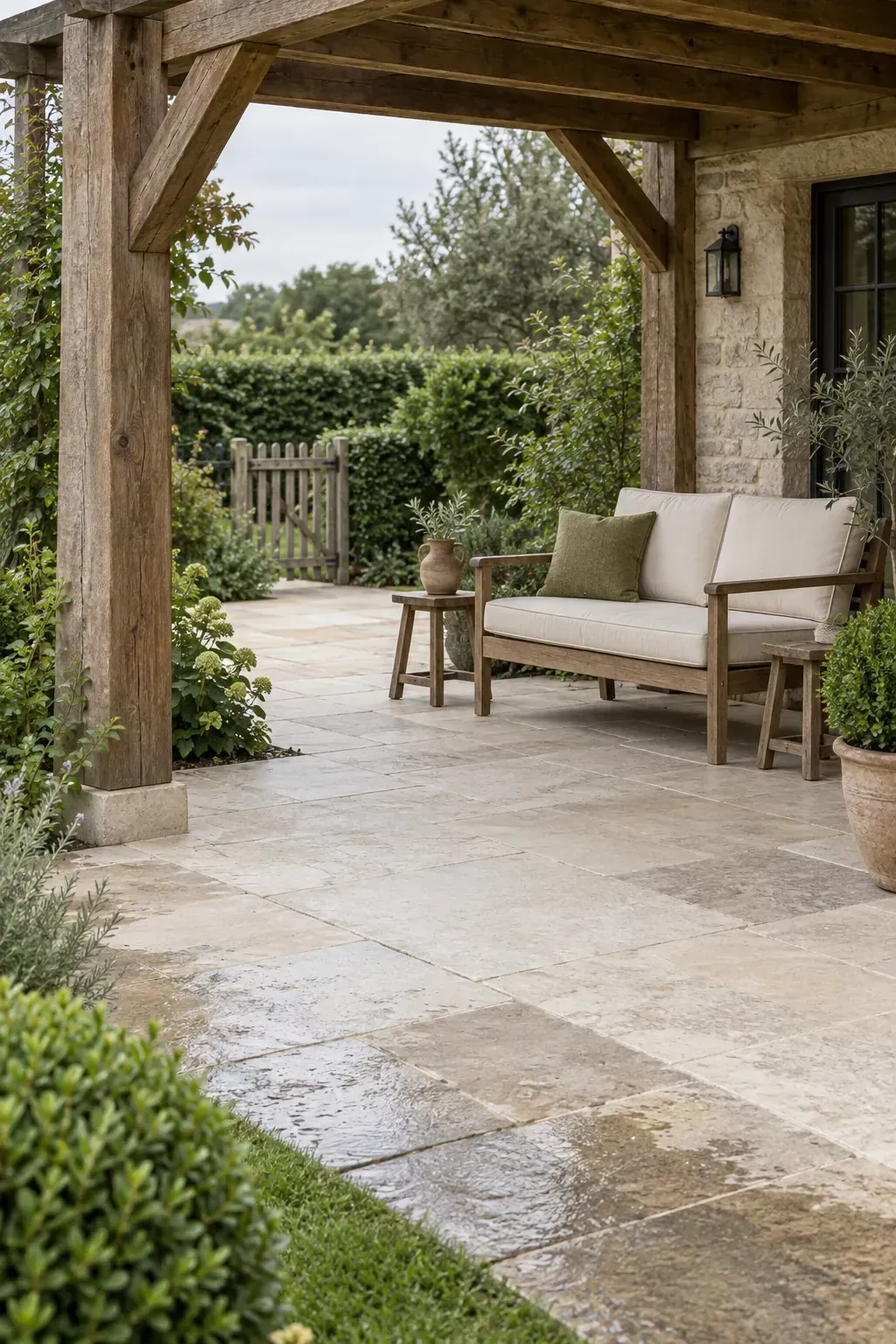A pale stone patio with timber overhead beneath a patio pergola
