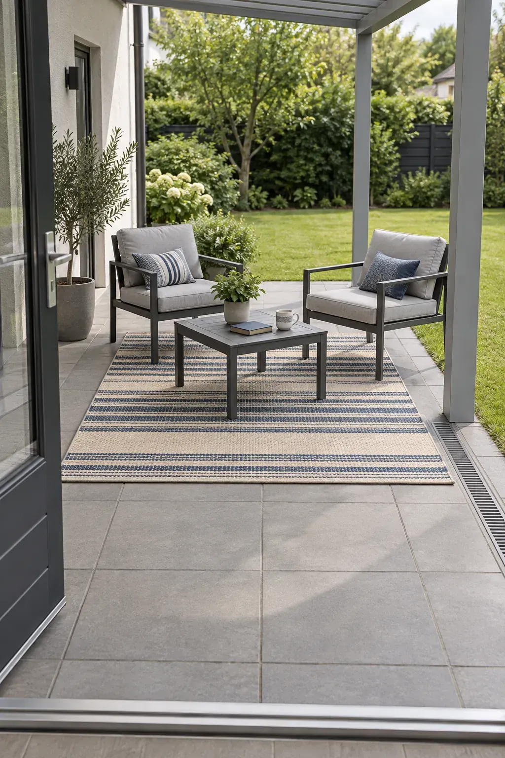 An outdoor rug inside a dry seating area beneath a patio pergola