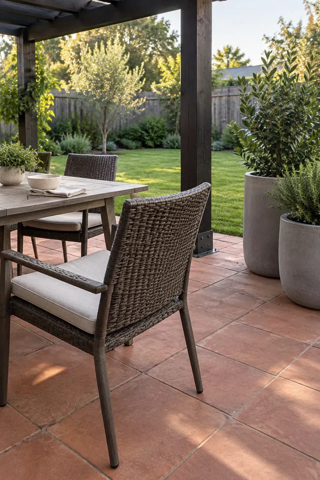 Planters outside the chair pullout space beneath a patio pergola