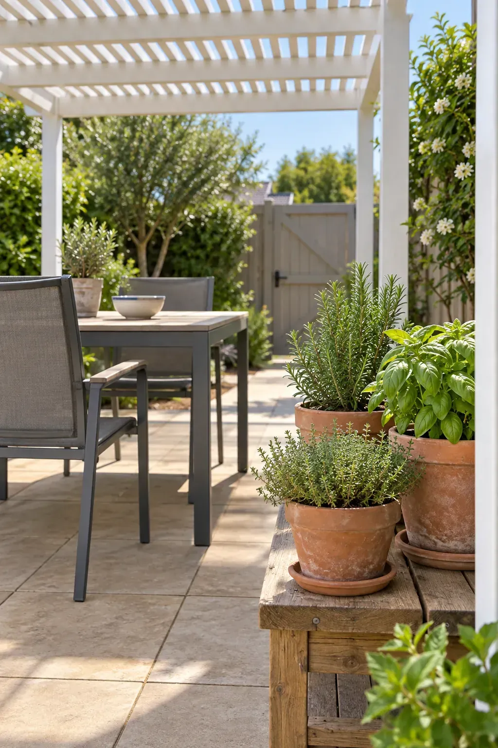 Herbs near an outdoor dining edge beneath a patio pergola