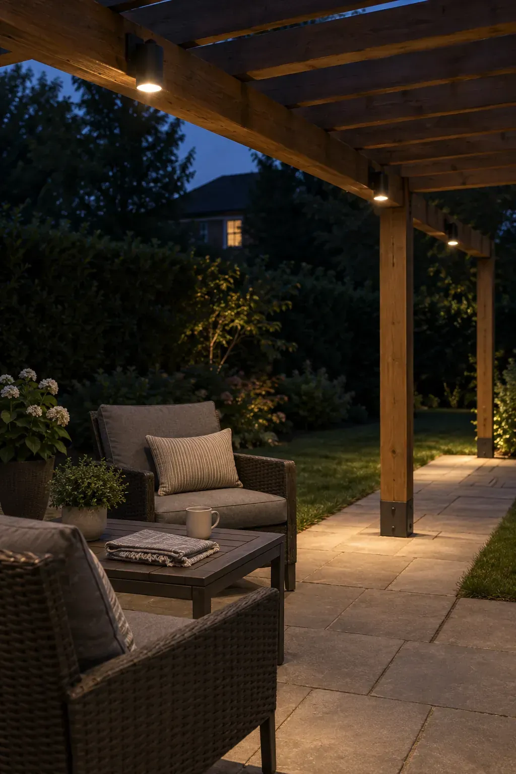 Low lighting tucked under the beams beneath a patio pergola