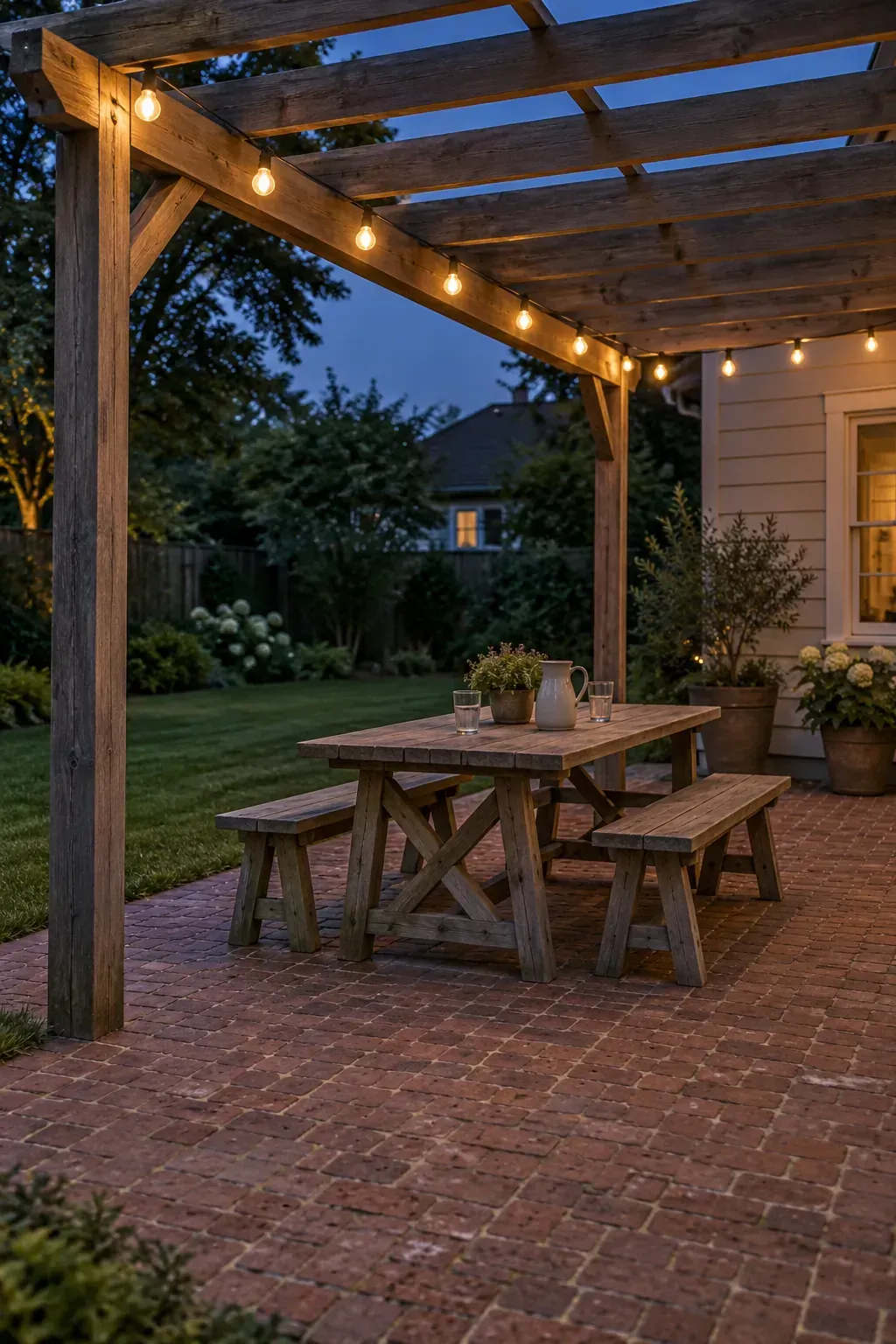 A restrained run of string lights beneath a patio pergola