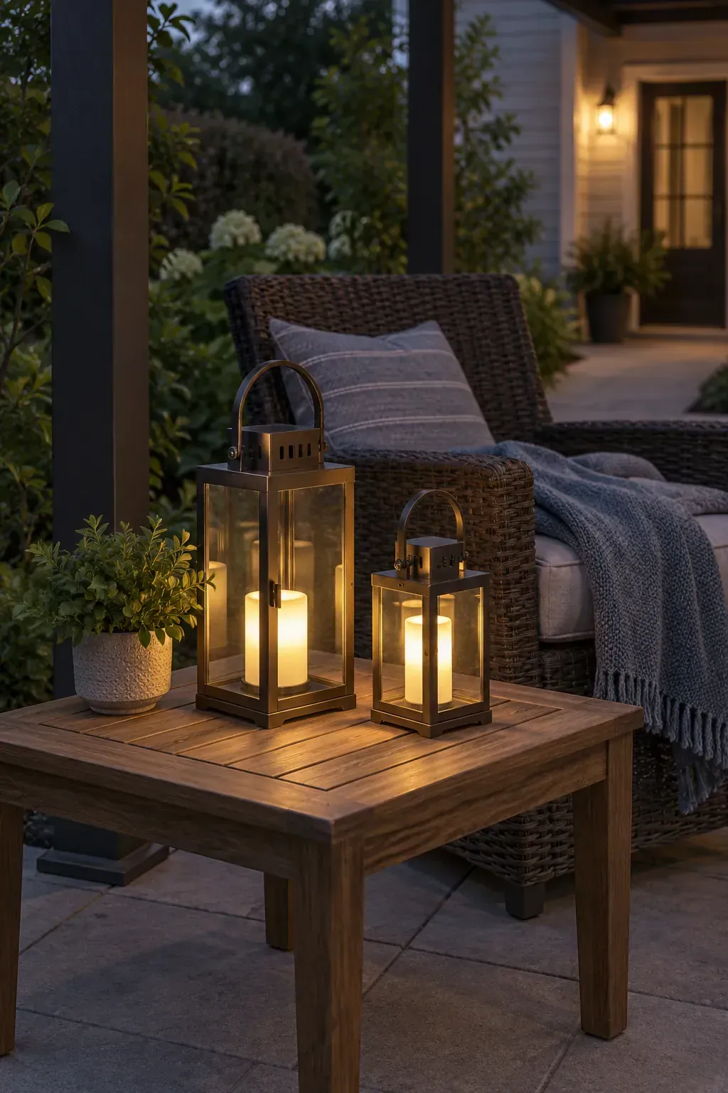 Battery lanterns on a side table beneath a patio pergola