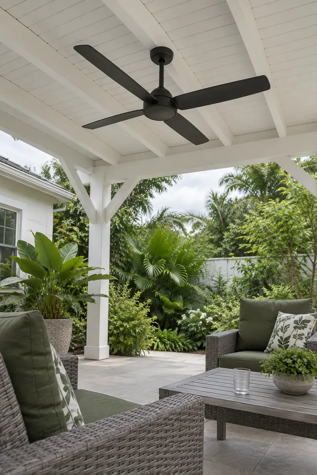 A fan designed for the exposed location beneath a patio pergola