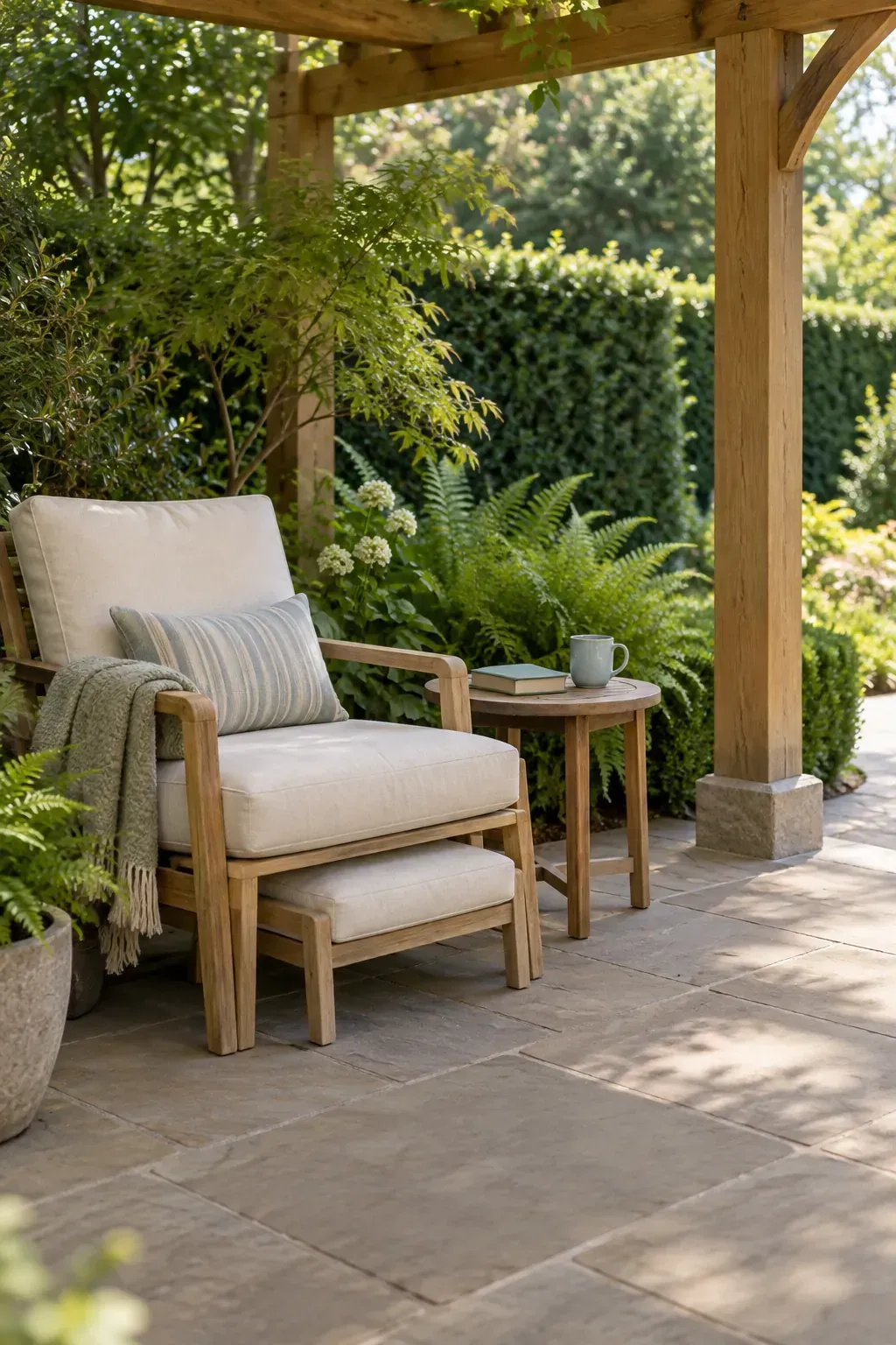 A reading chair in the quiet corner beneath a patio pergola