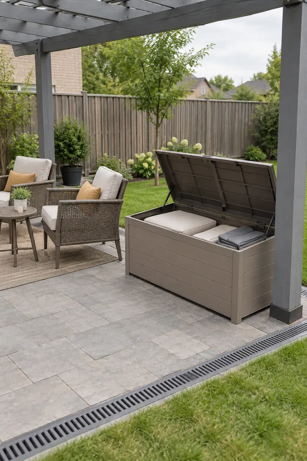 A storage box beyond the seating group beneath a patio pergola