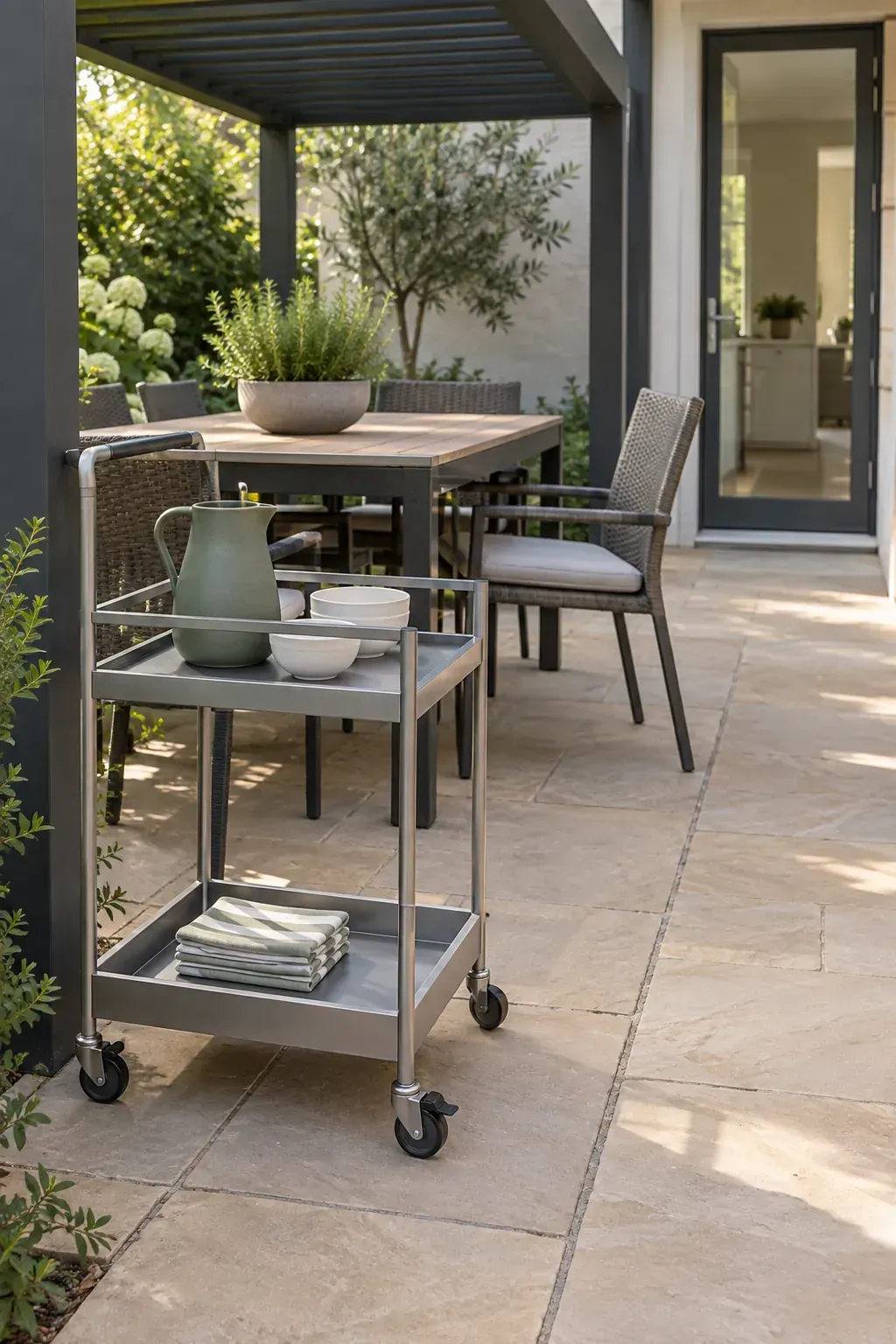 A serving cart with a parking space beneath a patio pergola