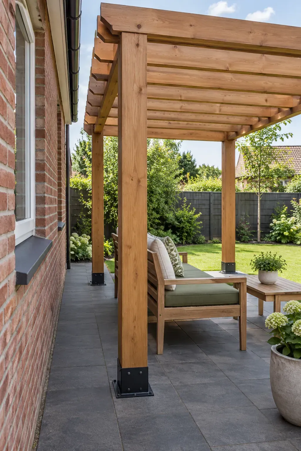 A detached frame beside the house beneath a patio pergola