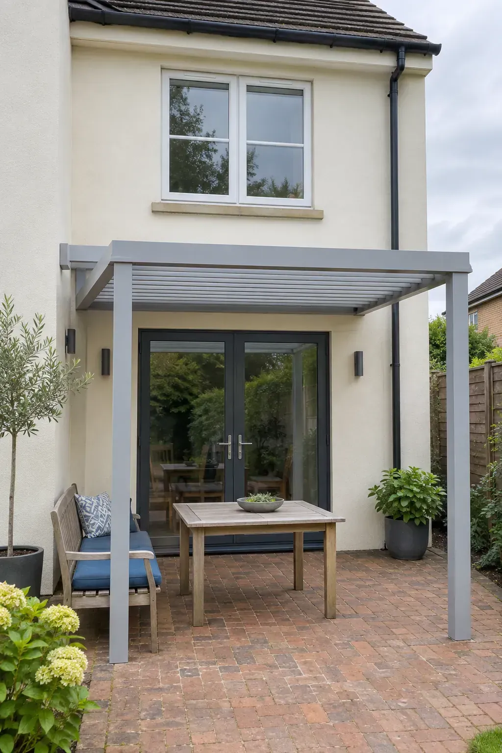 A roof line that respects upstairs windows beneath a patio pergola