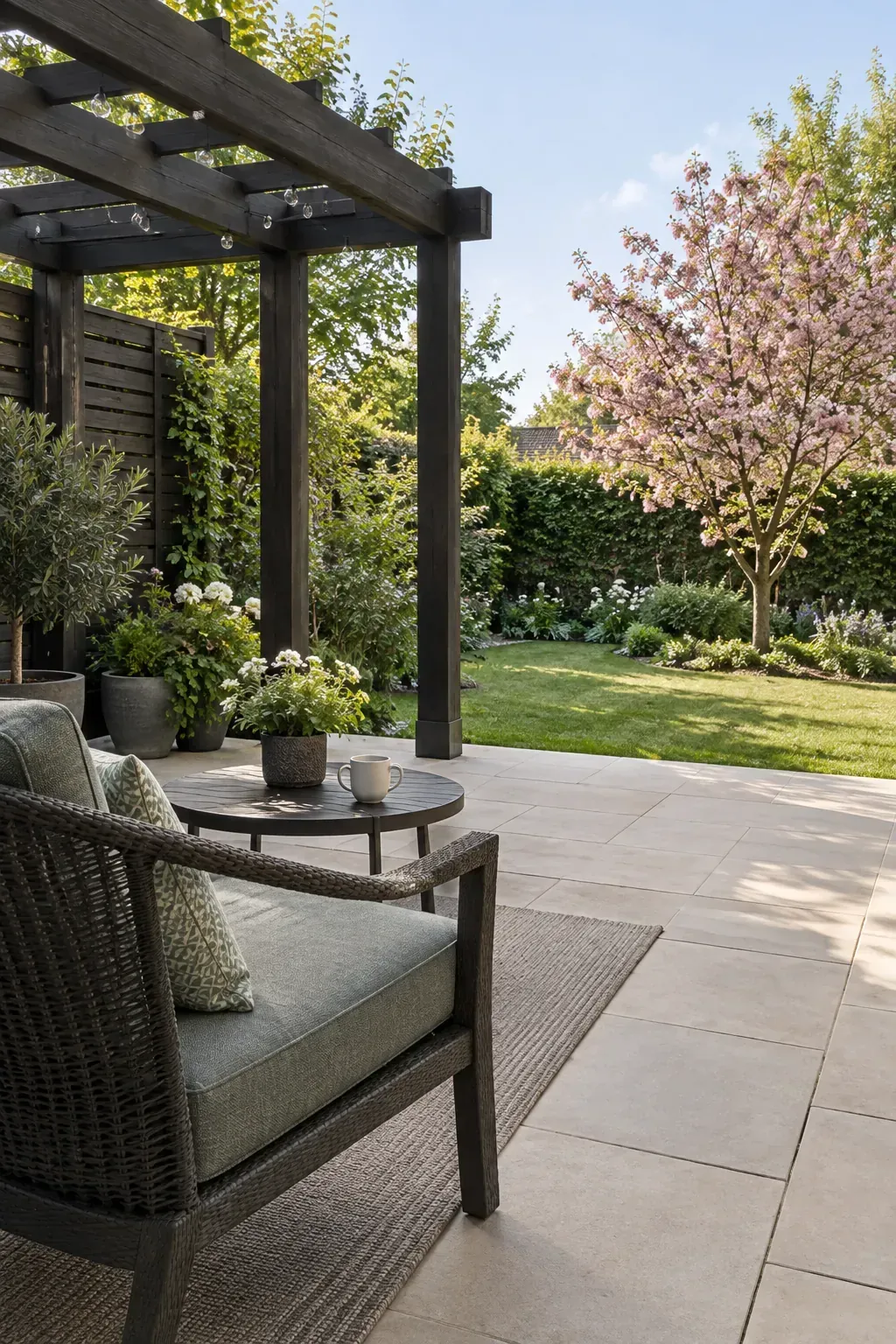 A pergola offset from the garden view beneath a patio pergola