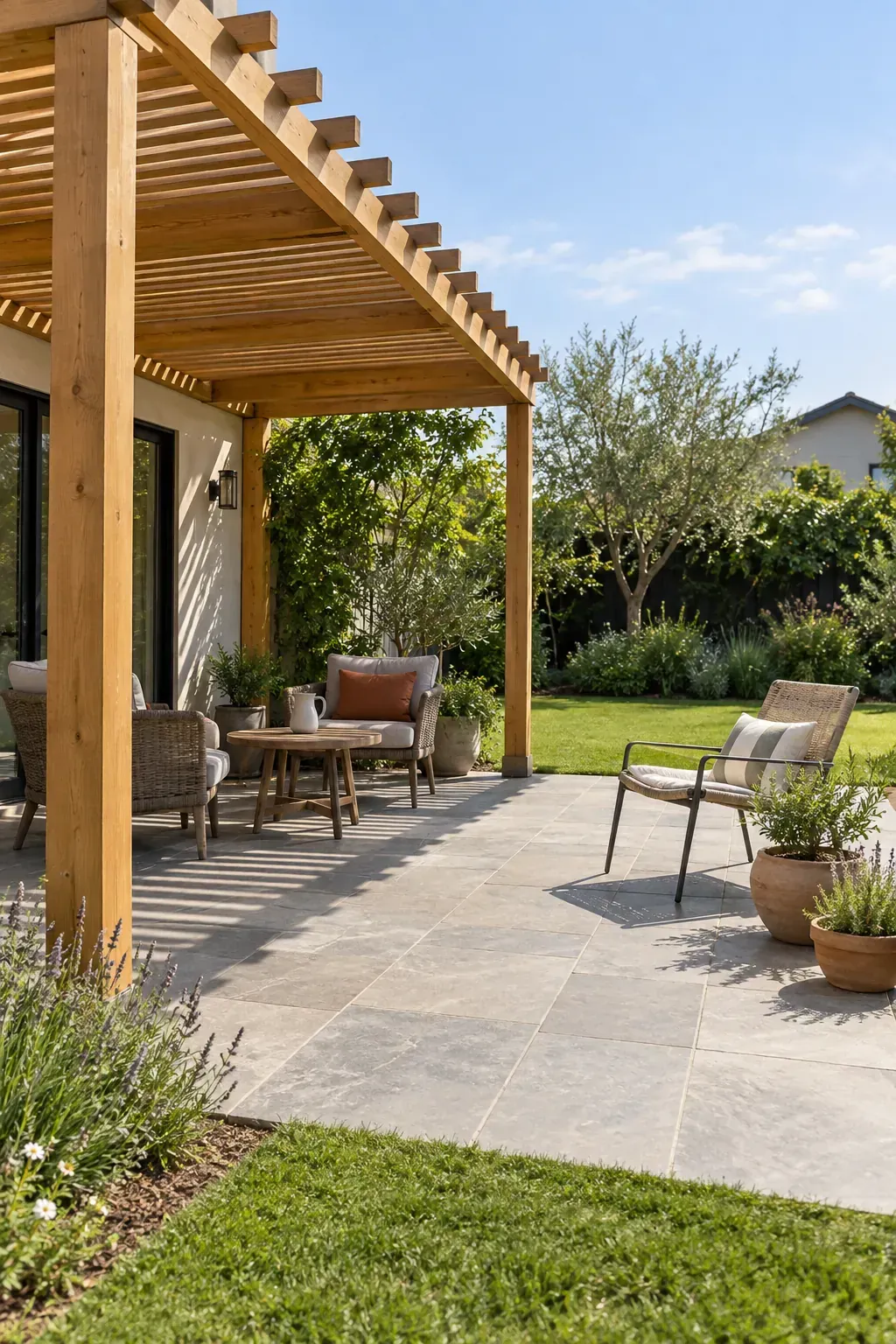A pergola over only part of the patio beneath a patio pergola