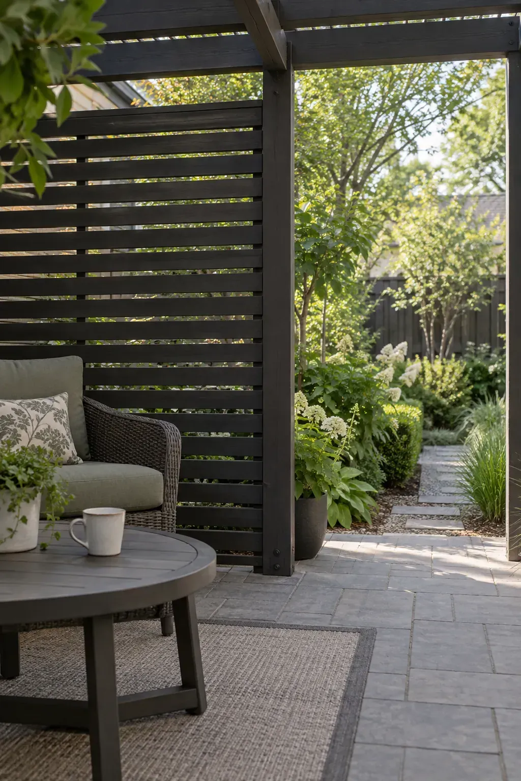 A side screen with a garden opening beneath a patio pergola