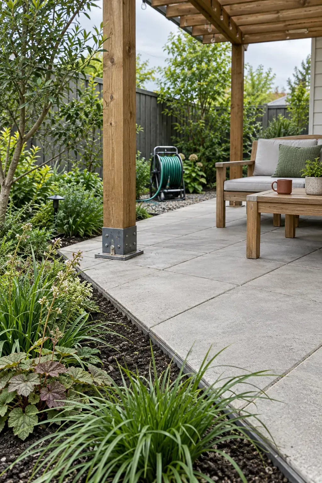 A hose friendly planting edge beneath a patio pergola