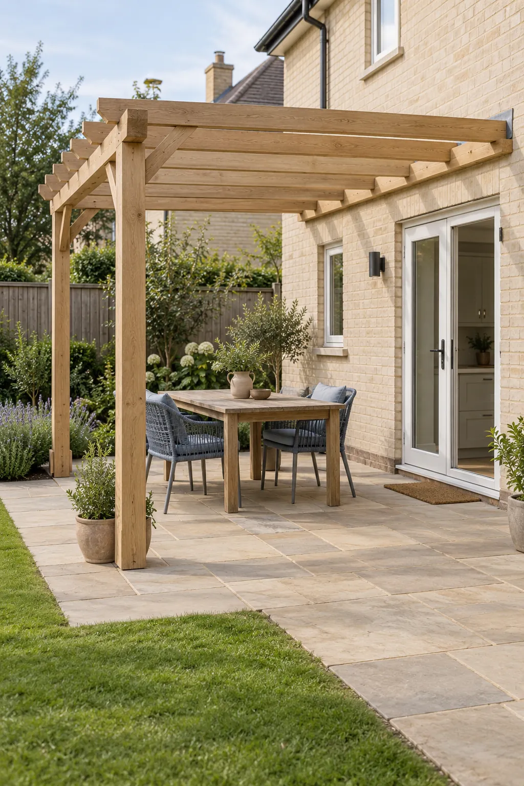 Pergola attached beside a house with a compact dining bay and clear doorway