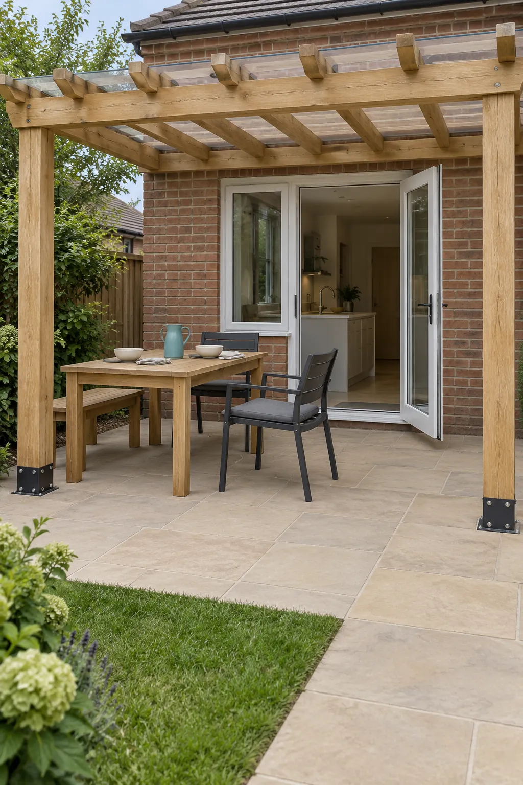 A compact dining extension outside the kitchen under a pergola beside the house
