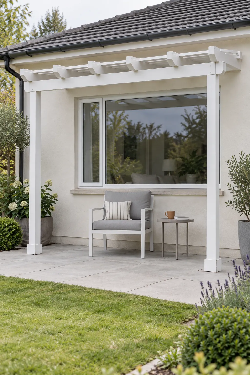 A shallow frame that preserves window light under a pergola beside the house